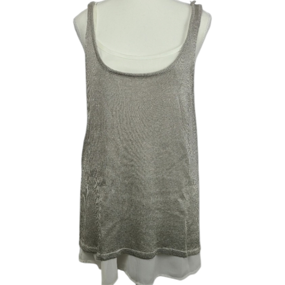 Alyx Beige Silver Metallic Sleeveless Blouse Sz L High Low Hem Layered Neutral